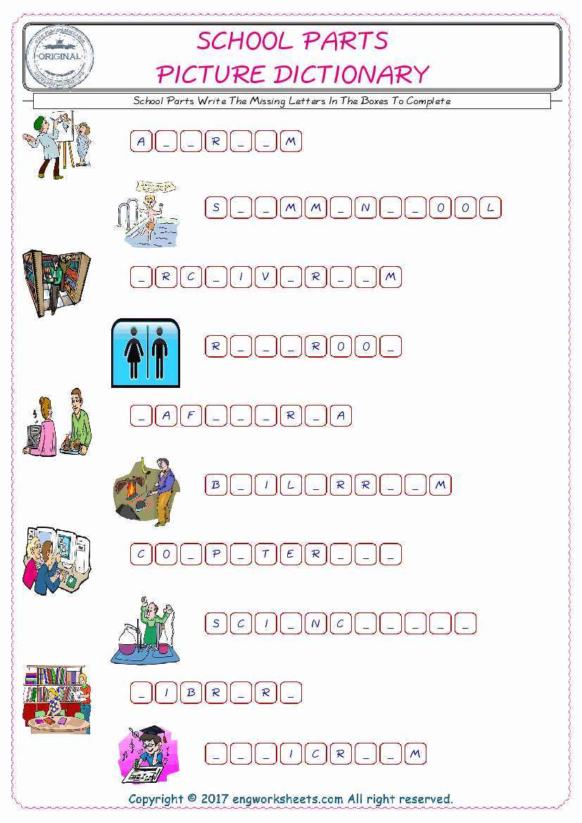  Type in the blank and learn the missing letters in the School Parts words given for kids English worksheet. 